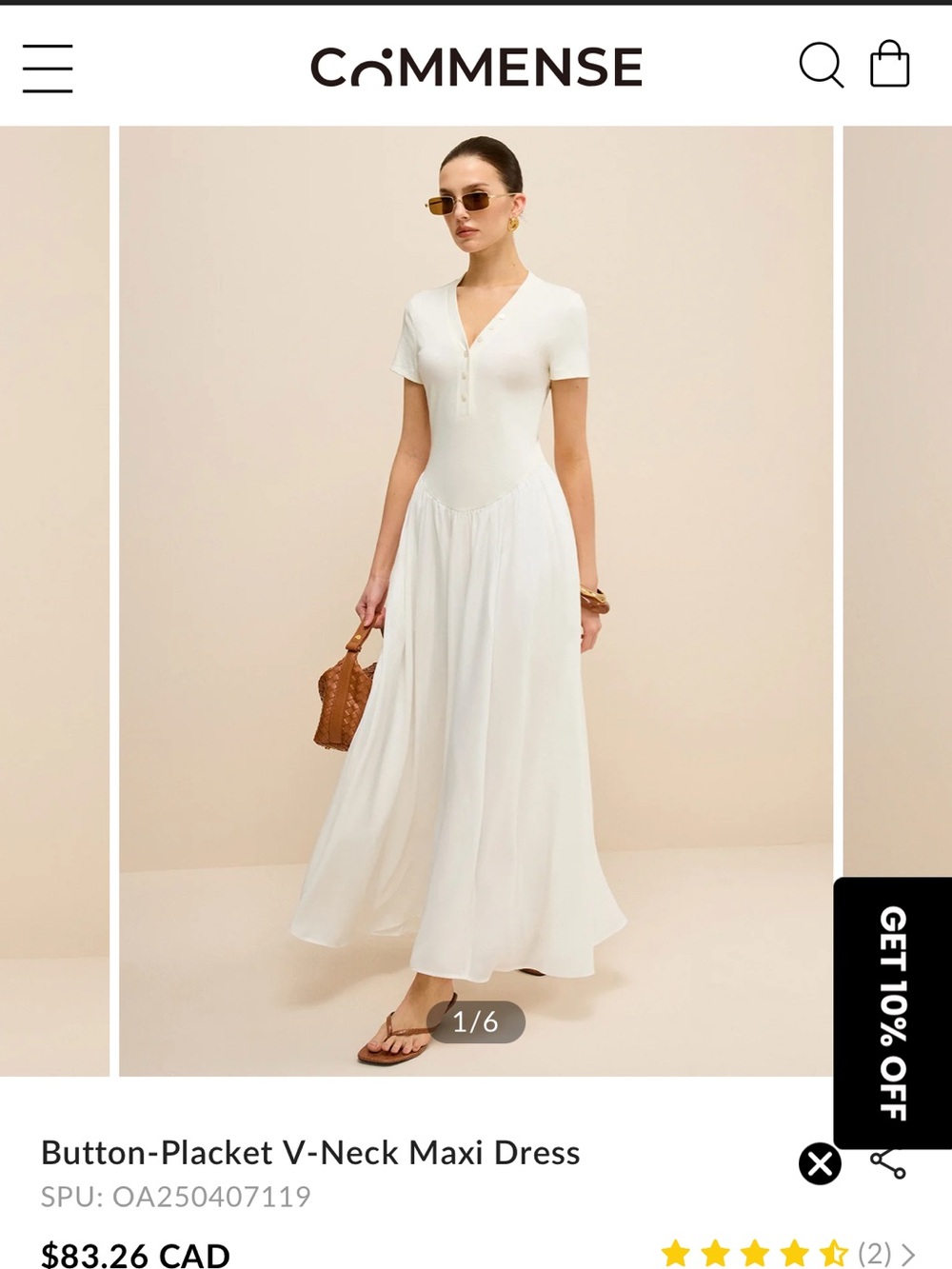 Commense White V-Neck Button-Placket Maxi Dress